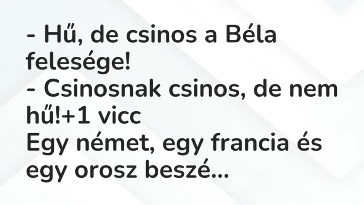Vicc: – Hű, de csinos a Béla felesége!
– Csinosnak csinos, de nem hű! Vicc: – Hű, de csinos a Béla felesége!
– Csinosnak csinos, de nem hű!