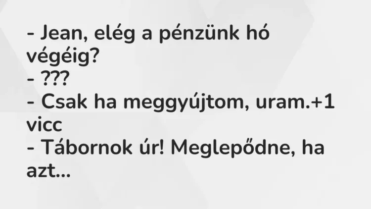 Vicc: – Jean, elég a pénzünk hó végéig?
– ???
– Csak ha meggyújtom, uram. Vicc: – Jean, elég a pénzünk hó végéig?
– ???
– Csak ha meggyújtom, uram.