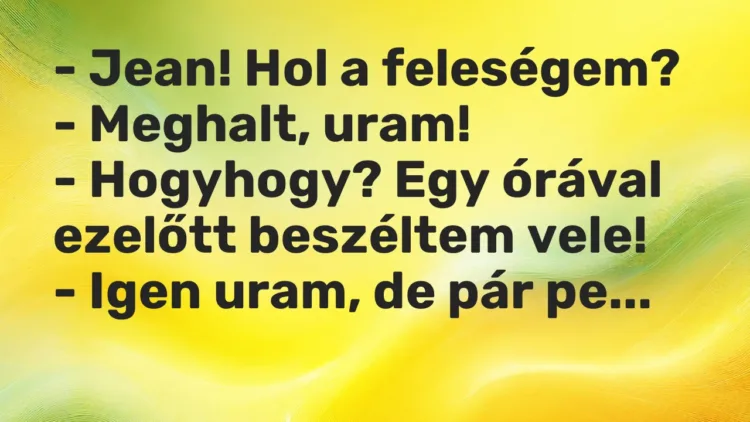 Vicc: – Jean! Hol a feleségem? – Meghalt, uram! – Hogyhogy? Egy órával…