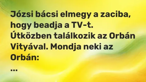Vicc: Józsi bácsi elmegy a zaciba, hogy beadja a TV-t.

Útközben találkozik az…