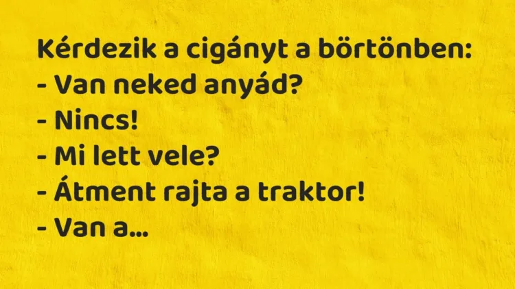 Vicc: Kérdezik a cigányt a börtönben:
– Van neked anyád?
– Nincs!
– Mi… Vicc: Kérdezik a cigányt a börtönben:
– Van neked anyád?
– Nincs!
– Mi…
