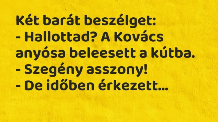 Vicc: Két barát beszélget:
– Hallottad? A Kovács anyósa beleesett a kútba.
-… Vicc: Két barát beszélget:
– Hallottad? A Kovács anyósa beleesett a kútba.
-…