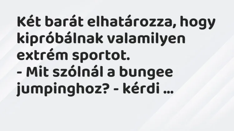 Vicc: Két barát elhatározza, hogy kipróbálnak valamilyen extrém sportot.
– Mit… Vicc: Két barát elhatározza, hogy kipróbálnak valamilyen extrém sportot.
– Mit…