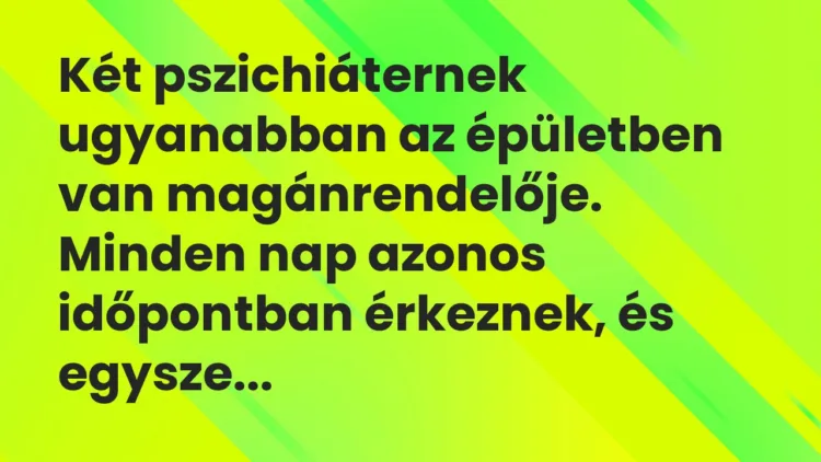 Vicc: Két pszichiáternek ugyanabban az épületben van magánrendelője. Minden nap azonos… Vicc: Két pszichiáternek ugyanabban az épületben van magánrendelője. Minden nap azonos…