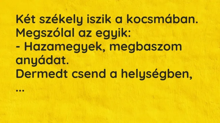 Vicc: Két székely iszik a kocsmában. Megszólal az egyik:
– Hazamegyek, megbaszom… Vicc: Két székely iszik a kocsmában. Megszólal az egyik:
– Hazamegyek, megbaszom…