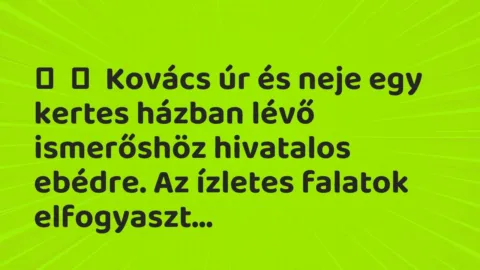 Vicc: 
	    	    Kovács úr és neje egy kertes házban lévő ismerőshöz hivatalos ebédre….