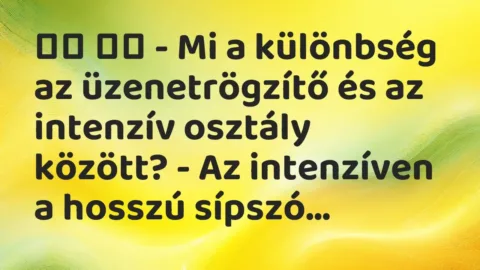 Vicc: 
		  
		  – Mi a különbség az üzenetrögzítő és az intenzív osztály…