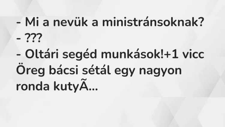 Vicc: – Mi a nevük a ministránsoknak?
– ???
– Oltári segéd munkások! Vicc: – Mi a nevük a ministránsoknak?
– ???
– Oltári segéd munkások!
