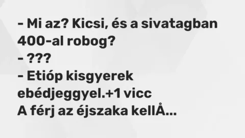 Vicc: – Mi az? Kicsi, és a sivatagban 400-al robog?

– ???

– Etióp kisgyerek…