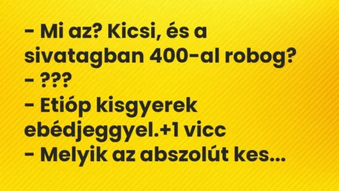 Vicc: – Mi az? Kicsi, és a sivatagban 400-al robog?

– ???

– Etióp kisgyerek…