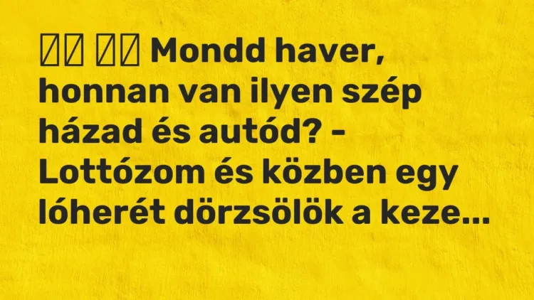 Vicc:
Mondd haver, honnan van ilyen szép házad és autód? -… Vicc:
Mondd haver, honnan van ilyen szép házad és autód? -…