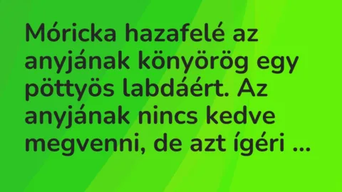 Vicc: Móricka hazafelé az anyjának könyörög egy pöttyös labdáért. Az anyjának nincs…