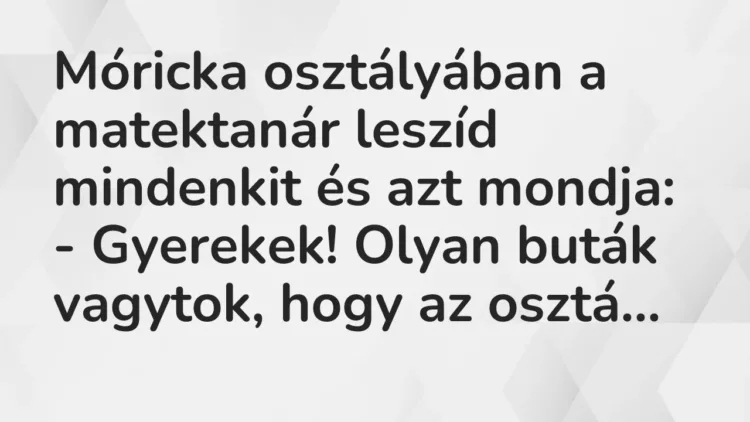 Vicc: Móricka osztályában a matektanár leszíd mindenkit és azt mondja:
-… Vicc: Móricka osztályában a matektanár leszíd mindenkit és azt mondja:
-…