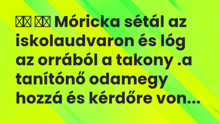 Vicc:
Móricka sétál az iskolaudvaron és lóg az orrából a takony… Vicc:
Móricka sétál az iskolaudvaron és lóg az orrából a takony…