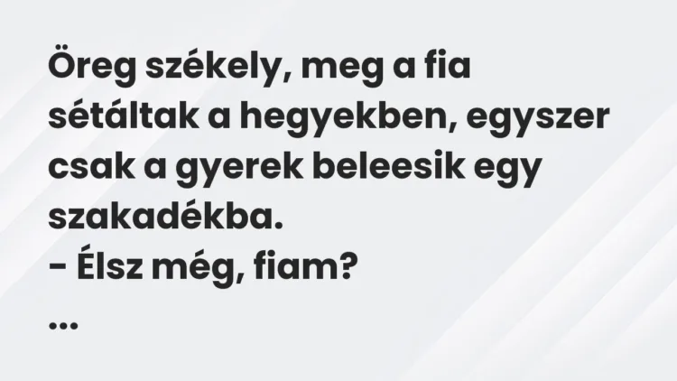 Vicc: Öreg székely, meg a fia sétáltak a hegyekben, egyszer csak a gyerek beleesik egy… Vicc: Öreg székely, meg a fia sétáltak a hegyekben, egyszer csak a gyerek beleesik egy…