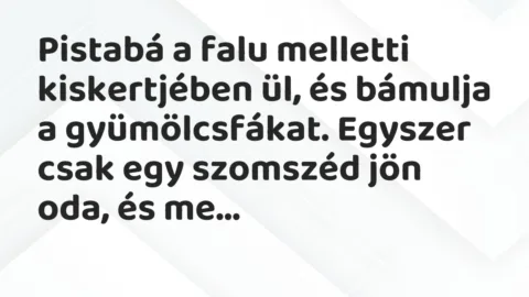 Vicc: Pistabá a falu melletti kiskertjében ül, és bámulja a gyümölcsfákat.