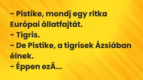 Vicc: – Pistike, mondj egy ritka Európai állatfajtát.

– Tigris.

– De…