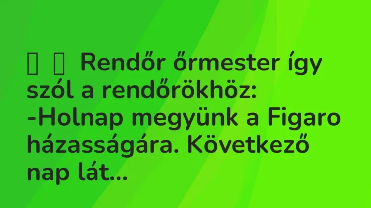 Vicc:
Rendőr őrmester így szól a rendőrökhöz: -Holnap megyünk a Figaro… Vicc:
Rendőr őrmester így szól a rendőrökhöz: -Holnap megyünk a Figaro…