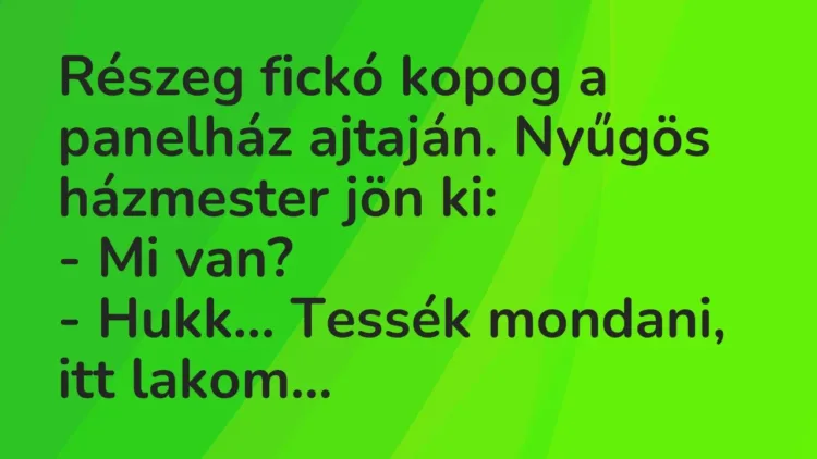 Vicc: Részeg fickó kopog a panelház ajtaján. Nyűgös házmester jön ki:
– Mi… Vicc: Részeg fickó kopog a panelház ajtaján. Nyűgös házmester jön ki:
– Mi…