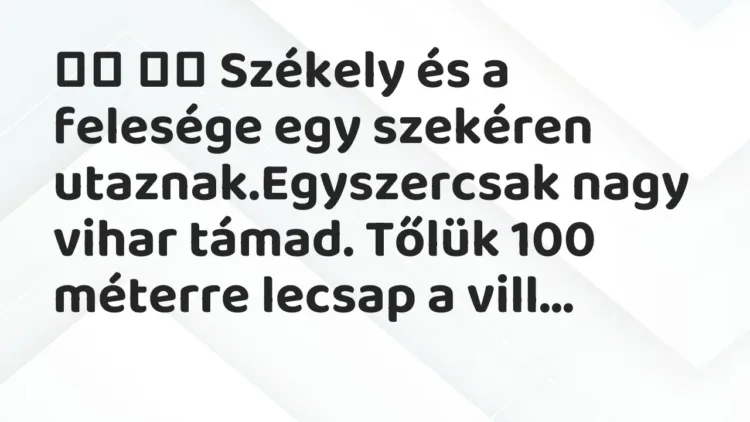 Vicc:
Székely és a felesége egy szekéren utaznak.Egyszercsak … Vicc:
Székely és a felesége egy szekéren utaznak.Egyszercsak …