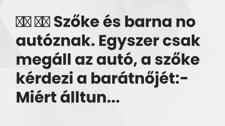 Vicc:
Szőke és barna no autóznak. Egyszer csak megáll az autó, a … Vicc:
Szőke és barna no autóznak. Egyszer csak megáll az autó, a …