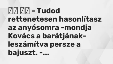 Vicc: 
		  
		  – Tudod rettenetesen hasonlítasz az anyósomra -mondja…