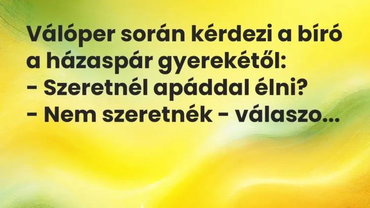 Vicc: Válóper során kérdezi a bíró a házaspár gyerekétől:
– Szeretnél apáddal… Vicc: Válóper során kérdezi a bíró a házaspár gyerekétől:
– Szeretnél apáddal…