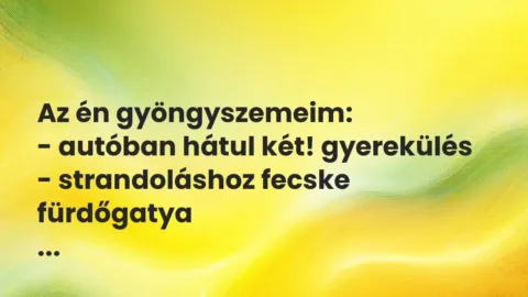 Vicces történet: 
	    	    


Az én gyöngyszemeim:


– autóban hátul két!…