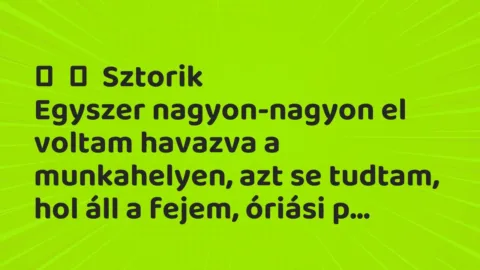 Vicces történet: 
	    	    Sztorik


Egyszer nagyon-nagyon el voltam havazva a munkahelyen,…