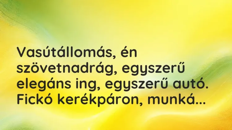 Vicces történet:
Vasútállomás, én szövetnadrág, egyszerű elegáns … Vicces történet:
Vasútállomás, én szövetnadrág, egyszerű elegáns …