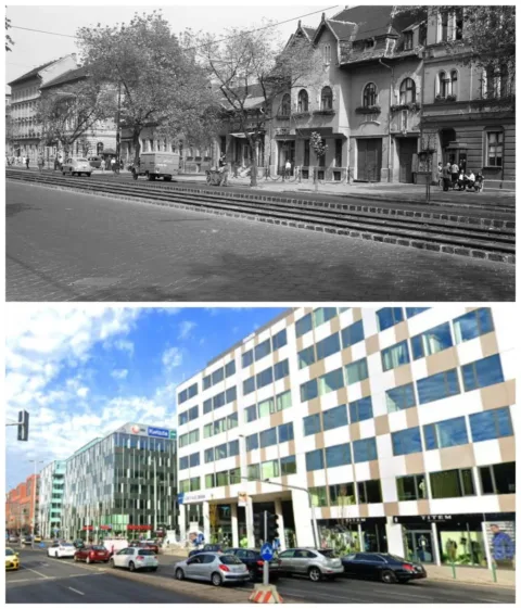 Bp., Váci út, szemben jobbra a Fiastyúk (Thälmann) utca torkolata 1963-ban és a … #RK1754992824