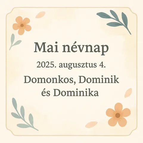 Mai névnap – 2025. augusztus 4.: Domonkos, Dominik és Dominika