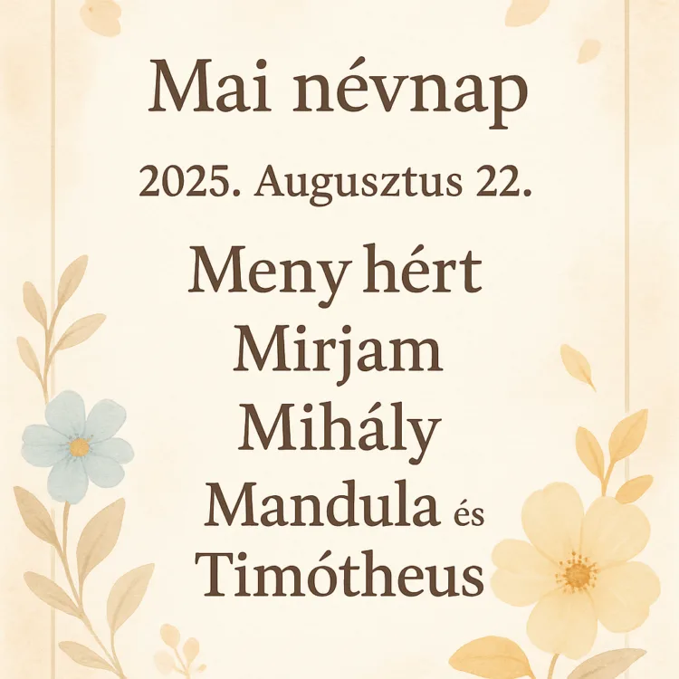 Mai névnap – Augusztus 22.: Menyhért, Mirjam, Mihály, Mandula és Timótheus