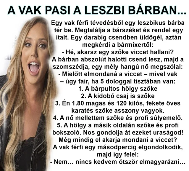 Vicc: A NAP POÉNJA: a vak pasas esete a leszbi bárban