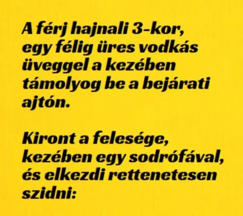 Vicc: A férj hajnali 3-kor, egy félig üres üveggel a kezében támolyog be a…