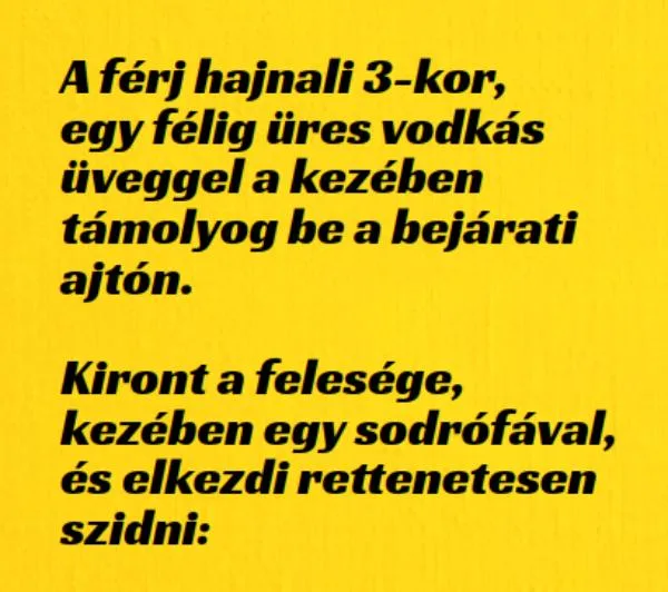 Vicc: A férj hajnali 3-kor, egy félig üres üveggel a Vicc: A férj hajnali 3-kor, egy félig üres üveggel a kezében támolyog be a…