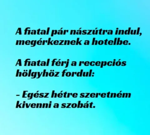 Vicc: A fiatal pár nászútra indul, megérkeznek a hotelbe. - Vicc: A fiatal pár nászútra indul, megérkeznek a hotelbe. –