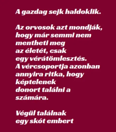 Vicc: A gazdag sejk haldoklik, csak egy vérátömlesztés mentheti meg Vicc: A gazdag sejk haldoklik, csak egy vérátömlesztés mentheti meg – TUDNOD…