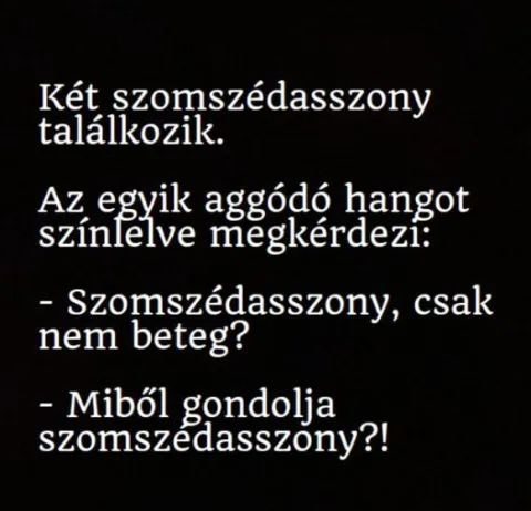 Vicc: A kíváncsi szomszédasszony megjátszott aggódó hangon rákérdez a másiknál: Vicc: A kíváncsi szomszédasszony megjátszott aggódó hangon rákérdez a másiknál: