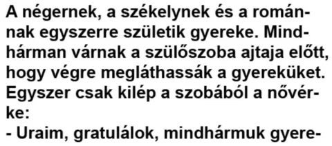 Vicc: A négernek, a székelynek és a románnak egyszerre születik gyereke