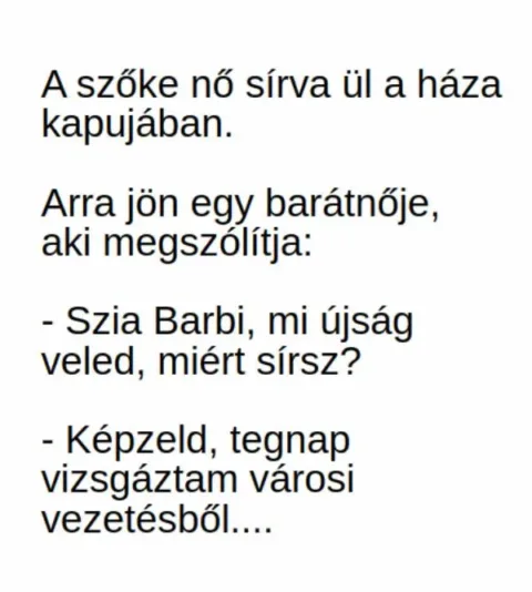 Vicc: A szőke nő sírva ül a háza kapujában - Vicc: A szőke nő sírva ül a háza kapujában –