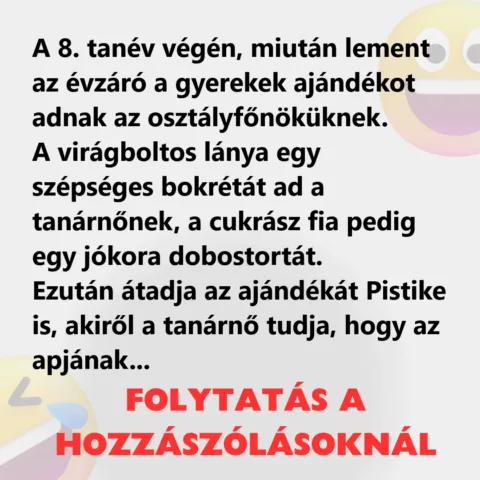 Vicc: A tanév végén a gyerekek ajándékot adnak az osztályfőnöküknek