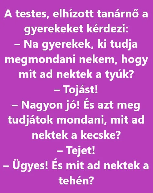 Vicc: A testes, elhízott tanárnő a gyerekeket kérdezi Vicc: A testes, elhízott tanárnő a gyerekeket kérdezi