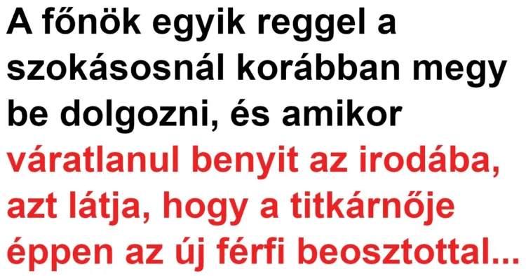 Vicc: A titkárnő bezárkózott az új férfi beosztottal a főnök Vicc: A titkárnő bezárkózott az új férfi beosztottal a főnök irodájába