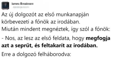 Vicc: Az új dolgozót az első munkanapján körbevezeti a főnök Vicc: Az új dolgozót az első munkanapján körbevezeti a főnök