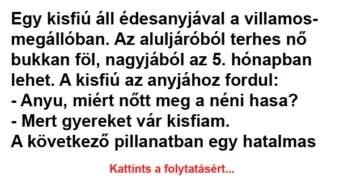 Vicc: Egy kisfiú áll édesanyjával a villamosmegállóban