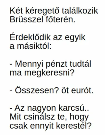 Vicc: Két kéregető találkozik Brüsszel főterén. –