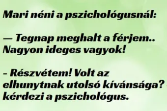 Vicc: Mari néni a pszichológusnál A poént a hozzászólásoknál találod. Vicc: Mari néni a pszichológusnál A poént a hozzászólásoknál találod.