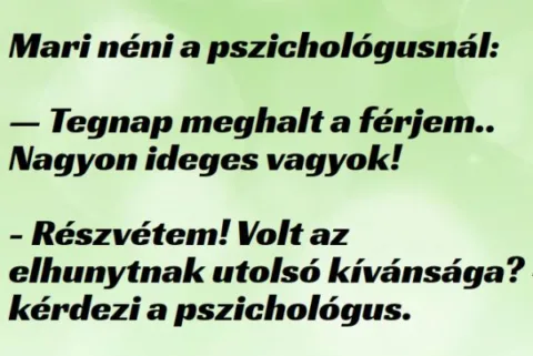 Vicc: Mari néni a pszichológusnál A poént a hozzászólásoknál találod. Vicc: Mari néni a pszichológusnál A poént a hozzászólásoknál találod.