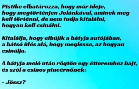 Vicc: Pistike elhatározza, hogy már ideje, hogy megtörténjen Jolánkával, aminek…